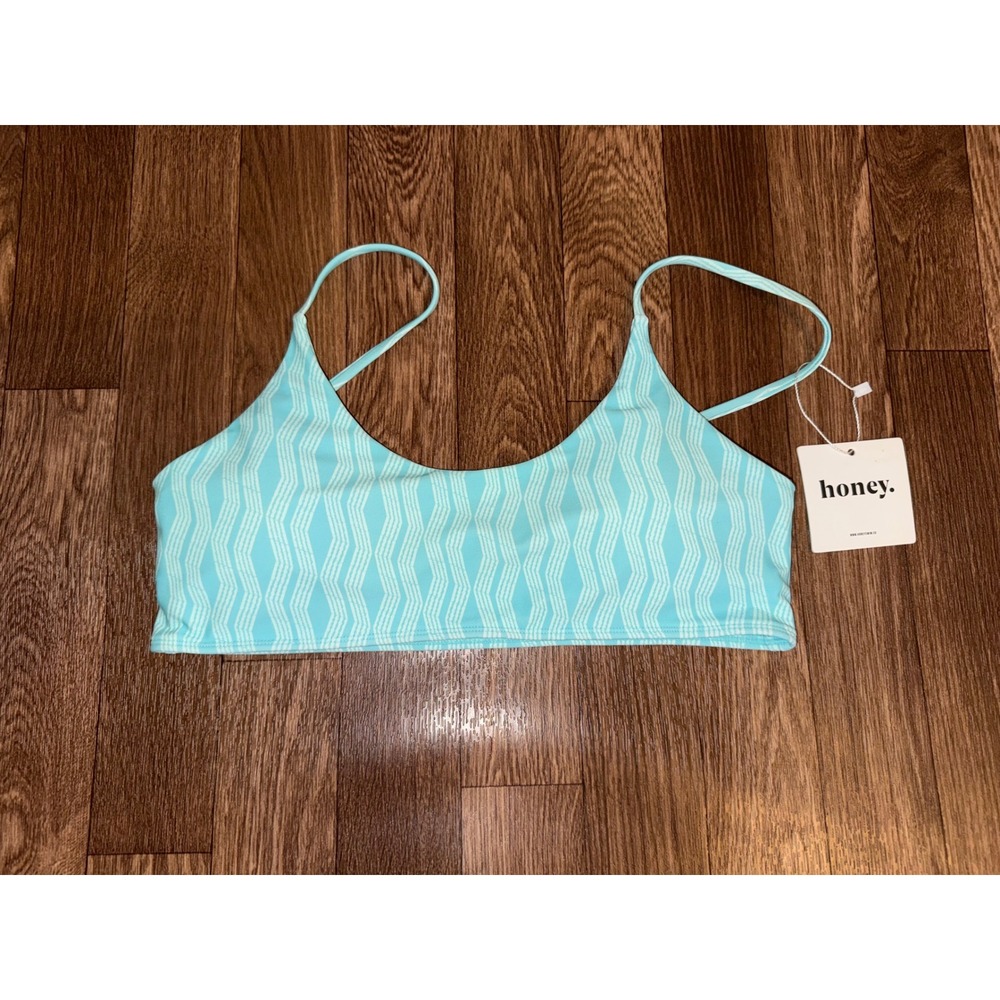 Honey Swim Aqua Blue Geometric Zigzag Scoop Neck Bikini Top XL NWT